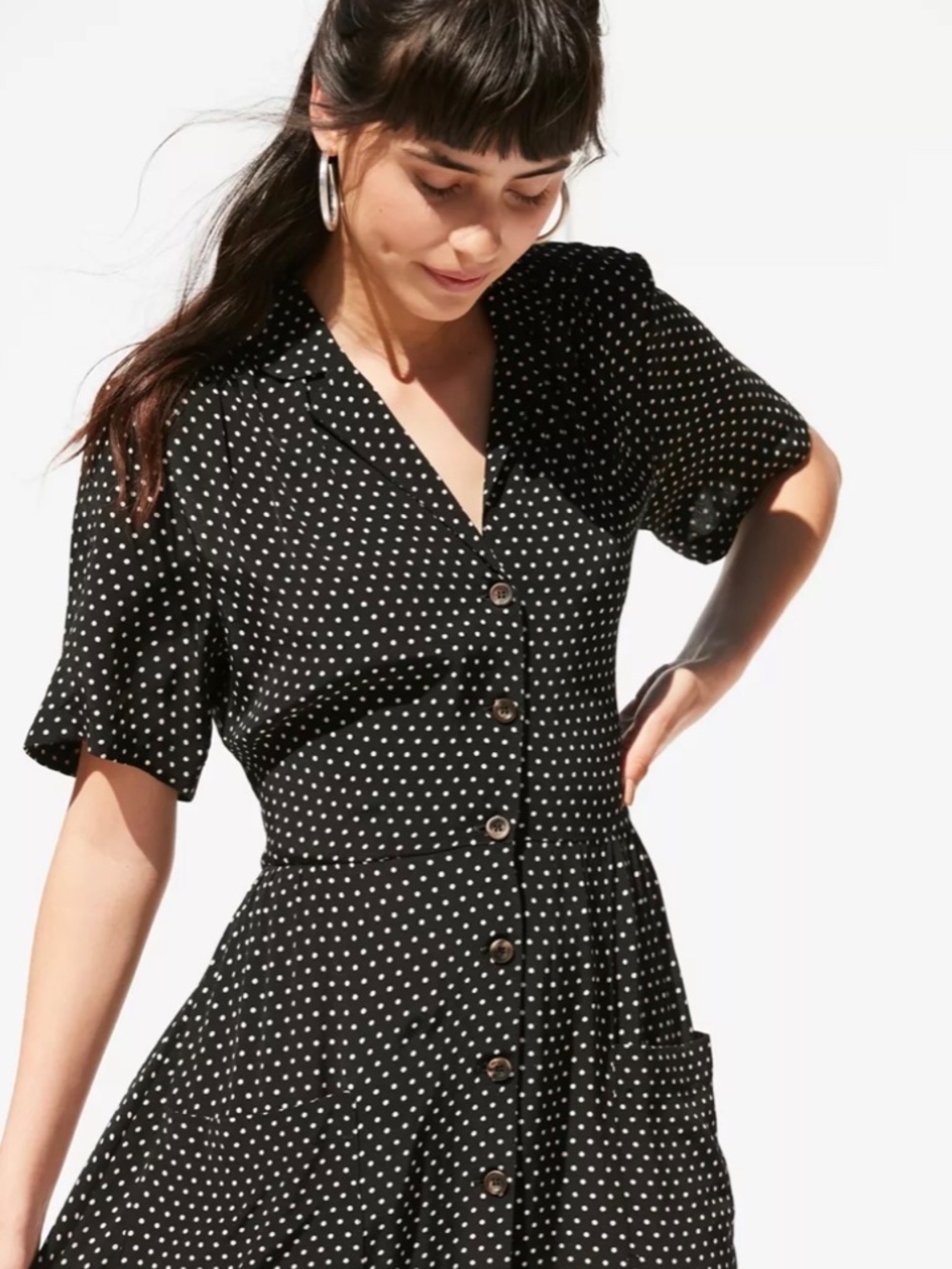 Urban Outfitters Button-Down Midi Shirt Dress Black & taupe polka dot Size Large